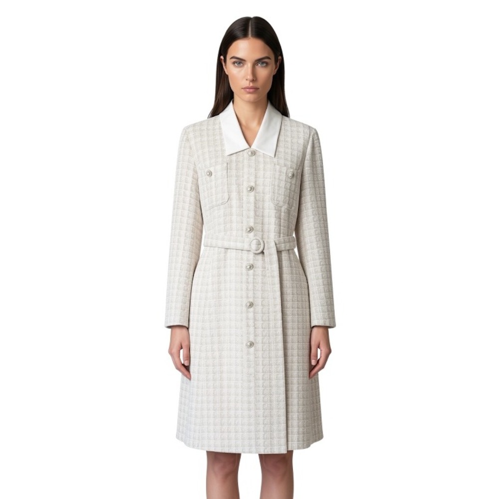 Goelia Tweed Belted Dress Beige White Plaid Pearl Button Wool Blend L 1C9L4K150